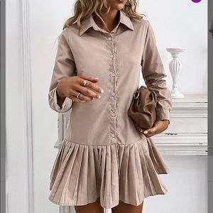 PLEATED LONG SLEEVE COLLARED DRESS w/ buttons